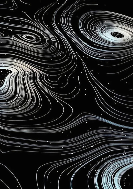 Abstract celestial poster showing flowing streams of purple and deep blue nebular gas across a cosmic void, depicting dynamic energy flows