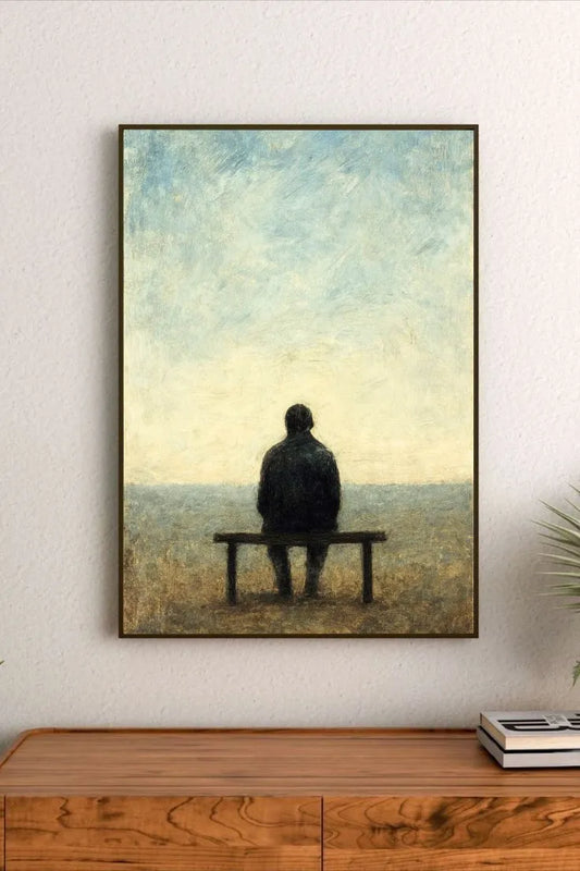 Atmospheric abstract artwork showing a gradient of muted teal and dusty violet tones across an expansive, stylized natural horizon view
