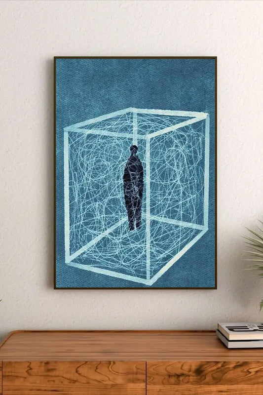 Structured typographic artwork using limited text elements arranged in an organized grid pattern with neutral gray and black colors