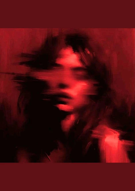Stylized vertical anime illustration of two figures in intense poses, utilizing dramatic red tones set against stark black elements