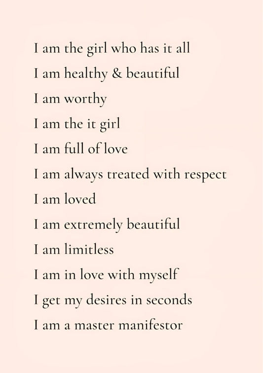 Portrait design featuring stacked script affirmations using a pastel pink and yellow color scheme, resembling watercolor ink art