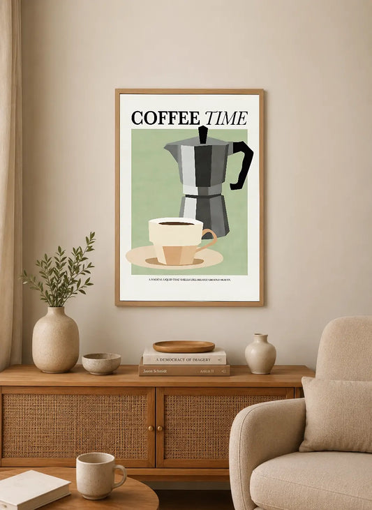 Portrait poster featuring a stylized moka pot and coffee cup on a pale green background with bold black typography reading "COFFEE TIME"