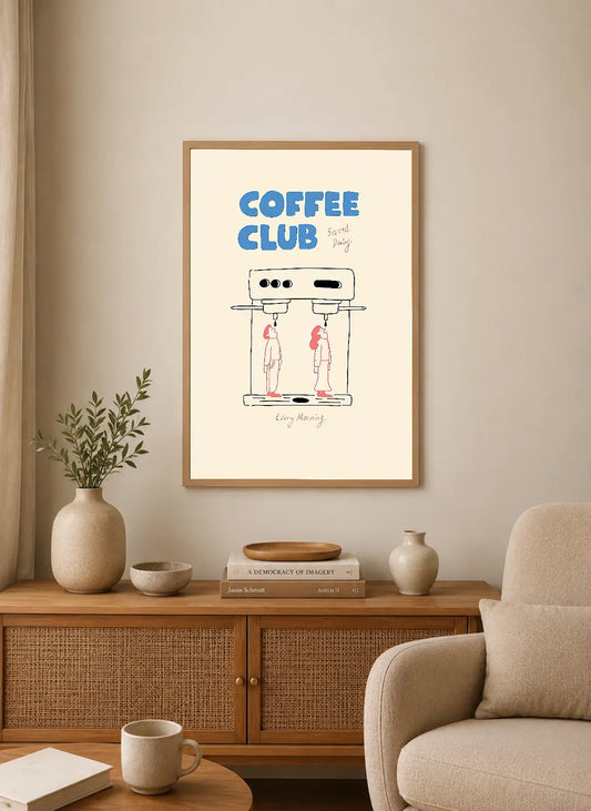 Portrait poster with blue “COFFEE CLUB” text and two figures under a coffee machine, minimal line art style