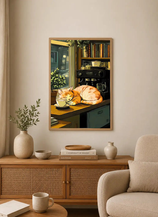 Portrait poster depicts an orange cat napping on a wooden counter beside a coffee machine and teacup, with books and greenery in background