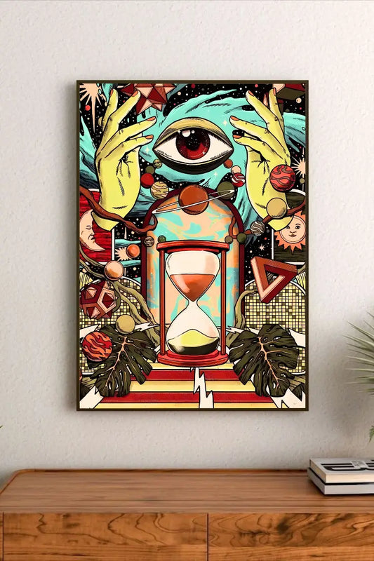 Anime-style poster showing two dynamic characters interacting in a warm color palette of orange, red, and browns within an urban sci-fi setting