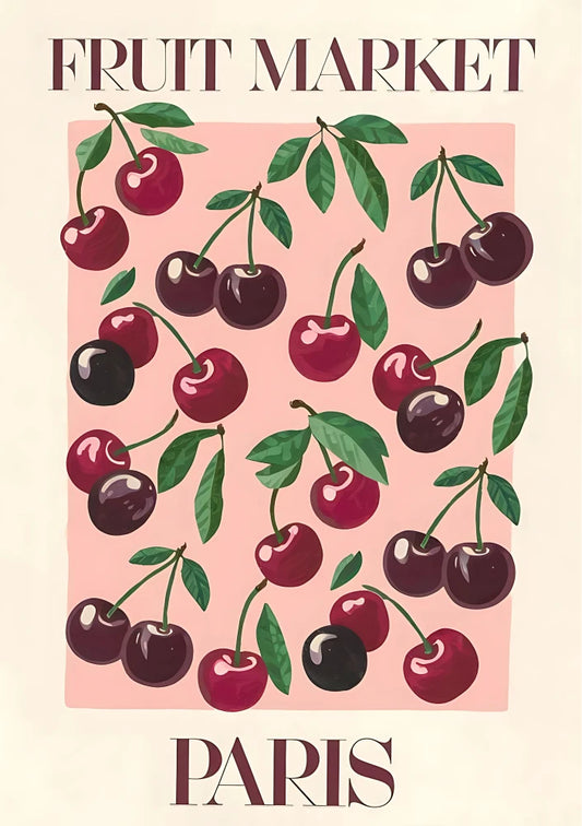 Botanical poster featuring lush clusters of deep red cherries, bright green leaves, and decorative sprigs arranged for a fresh harvest aesthetic