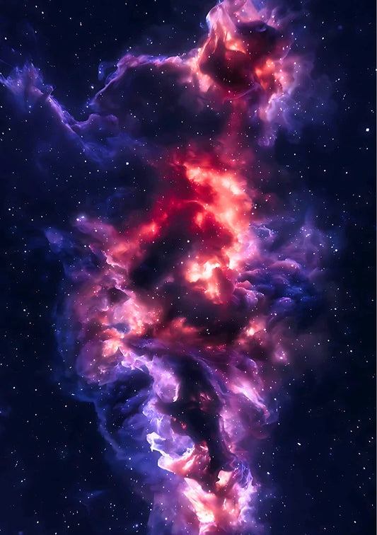 Deep-space astrophotography showing swirling nebulae clouds in vibrant magenta, cyan blue, and indigo against a deep black void of stars