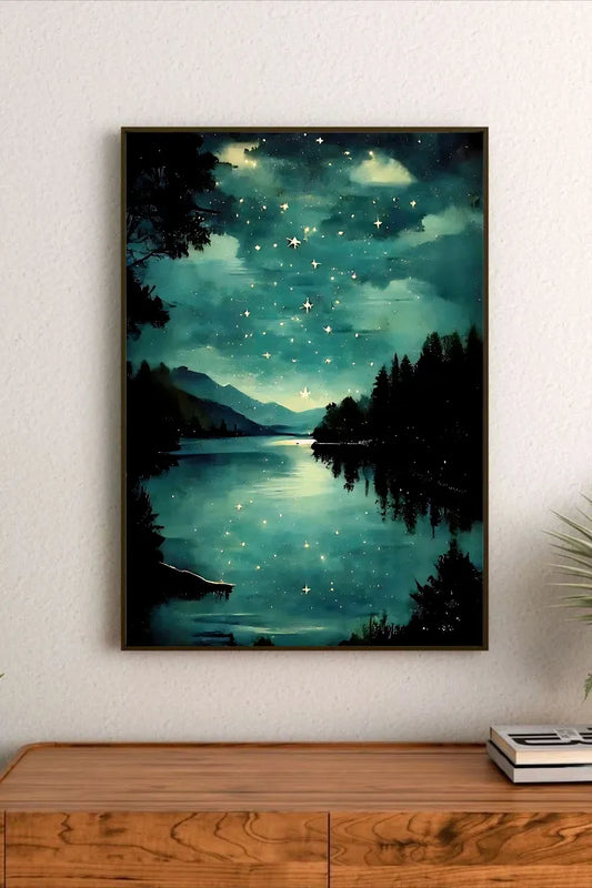 Cosmic abstract design featuring vibrant cyan and purple nebulae clouds scattered across a dark expanse of space, emphasizing stellar formations