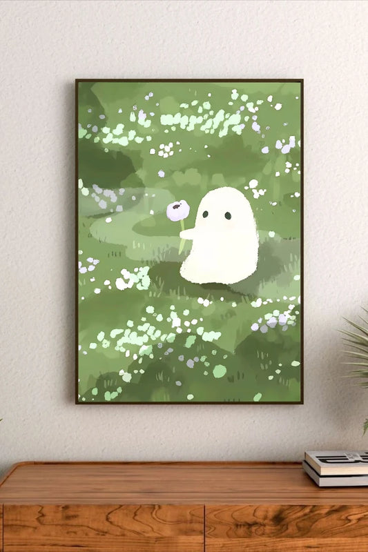 Whimsical collage art featuring cute cartoon skeletons and woodland motifs in muted pastel greens, blush tones, and earthy browns