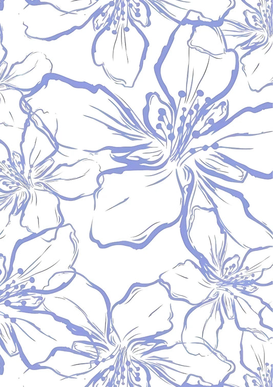 Watercolor floral print in portrait orientation displaying airy, scattered petals and minimalist blooms in soft dusty blues, creams, and sage greens