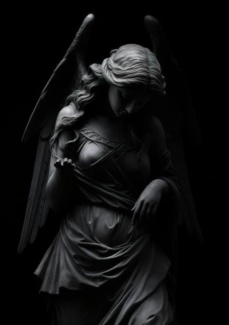 Dark fantasy poster showing a stylized figure in black attire with striking crimson highlights and dramatic composition in vertical orientation