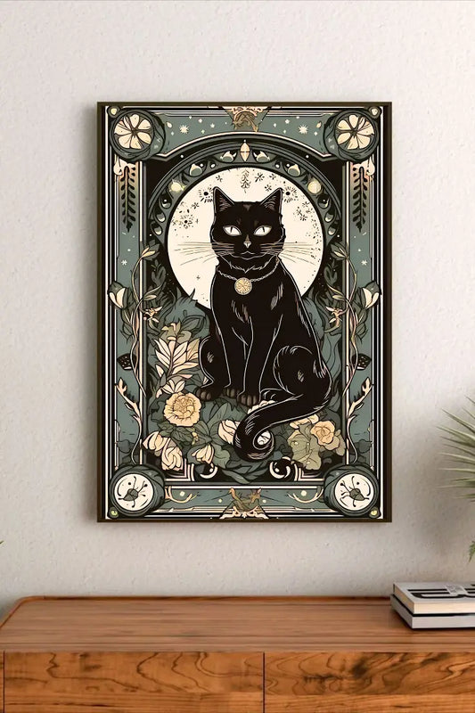 Detailed minimalist line art poster dominated by geometric patterns and celestial symbols rendered in muted blue and gold ink