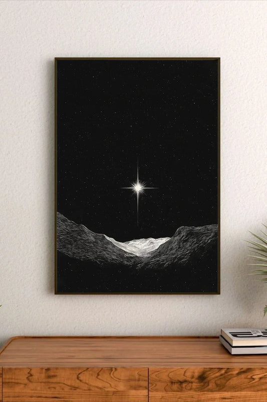 Portrait astronomy art featuring dense, vibrant nebulae in reds and blues surrounding scattered stars against deep black space