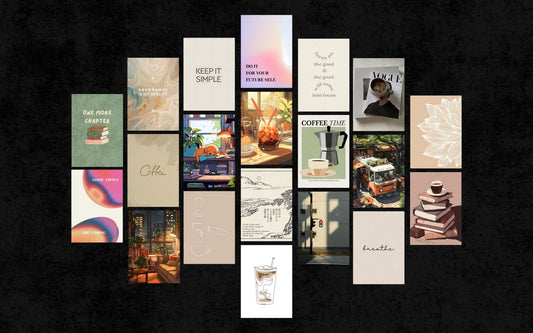 Collection of various coffee-themed cards on a dark background