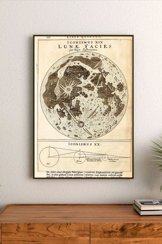 Stylized graphic artwork showing geometric moons and cosmic glyphs in deep navy and charcoal tones against a minimalist background