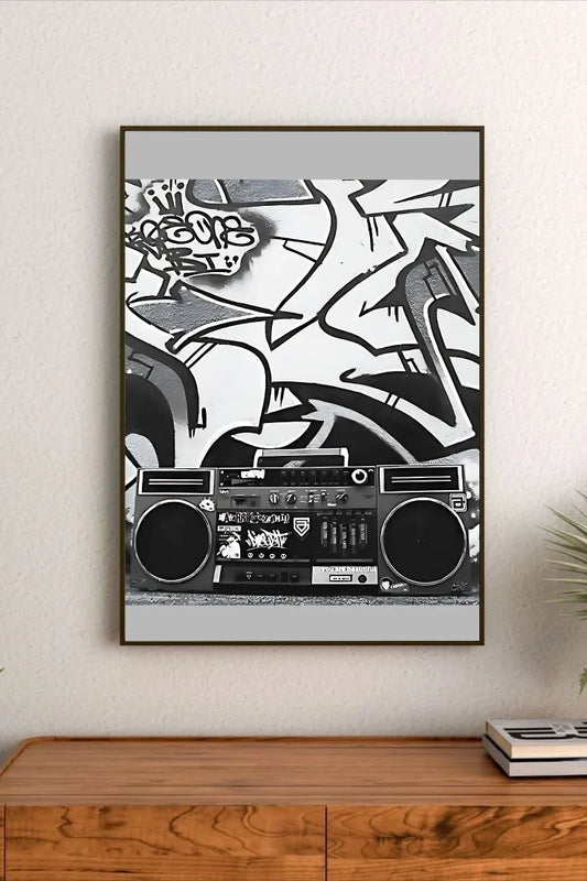 Light-colored poster featuring structured vintage typography and symbolic graphics in muted tones of beige, gray, and cream