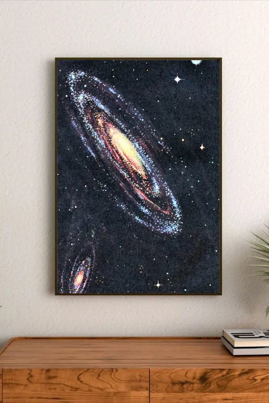 Detailed space poster showcasing through-the-telescope view of distant planets and stellar clusters using a blend of teal, indigo, and white accents