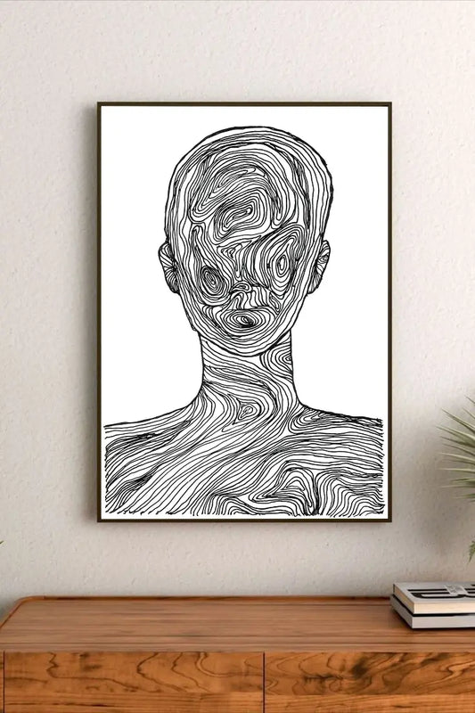 Portrait abstract print featuring layered geometry and intersecting lines in a monochrome palette of black, slate gray, and deep charcoal tones