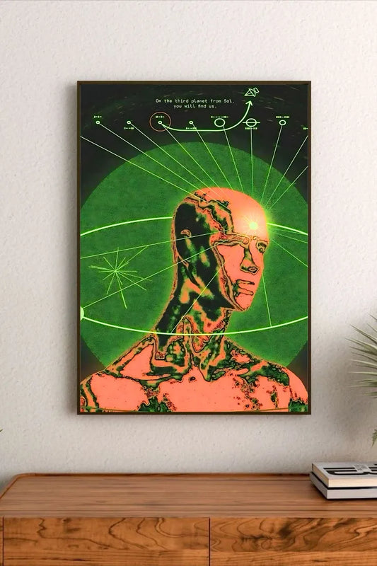 Vertical poster design showcasing cyan glowing lines forming complex, repetitive lattice structures against a solid indigo background