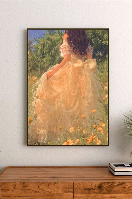 Charming illustration featuring a figure in a flowy yellow sundress, incorporating whimsical flora and vintage cottage style