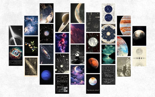 wall collage ideas - 30-piece celestial aesthetic poster set arranged in a grid layout for bedroom gallery wall