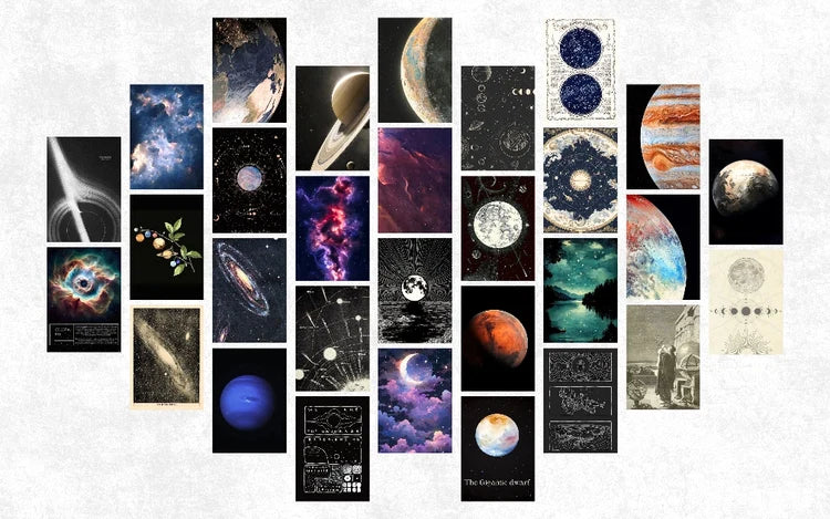 wall collage ideas - 30-piece celestial aesthetic poster set arranged in a grid layout for bedroom gallery wall