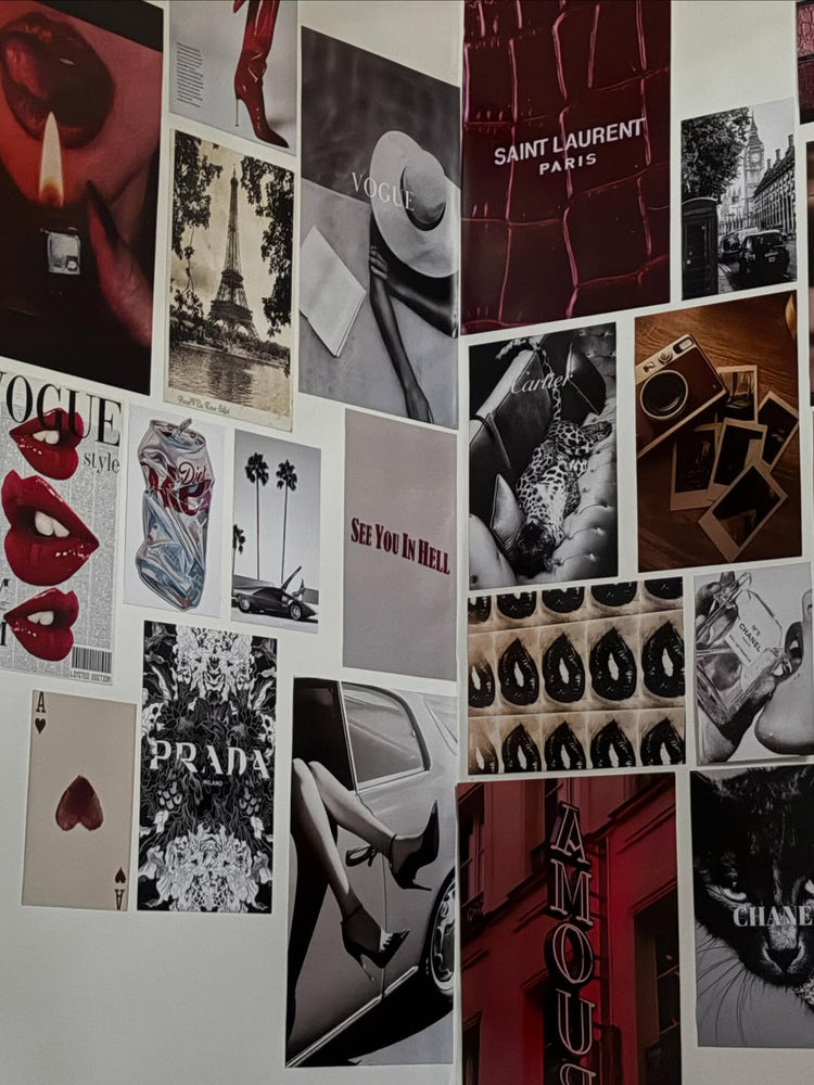 vogue pictures for wall - curated fashion editorial wall collage with monochrome architecture and typography