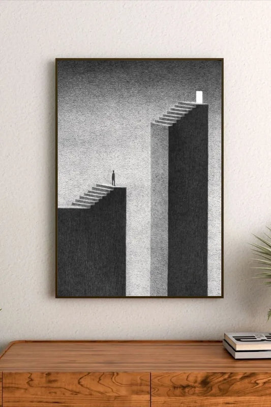 Portrait wall art showing a gradient color scheme of black and midnight blue tones over a minimalist depiction of natural rising light
