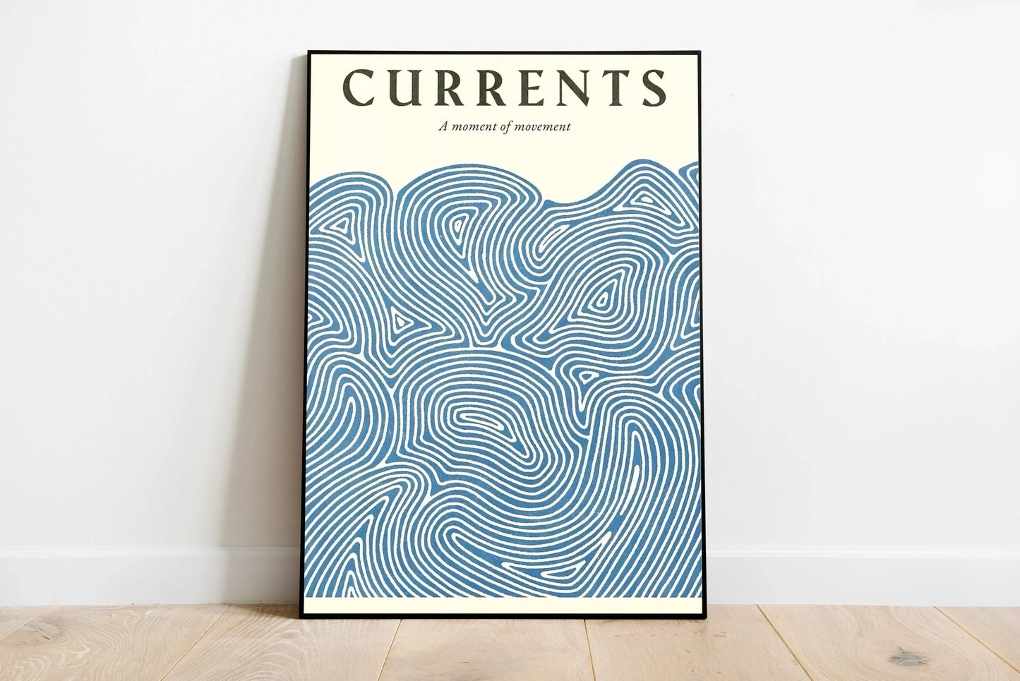 Abstract vertical artwork depicting flowing ocean currents and rhythmic wave patterns across various shades of deep blue and bright turquoise tones