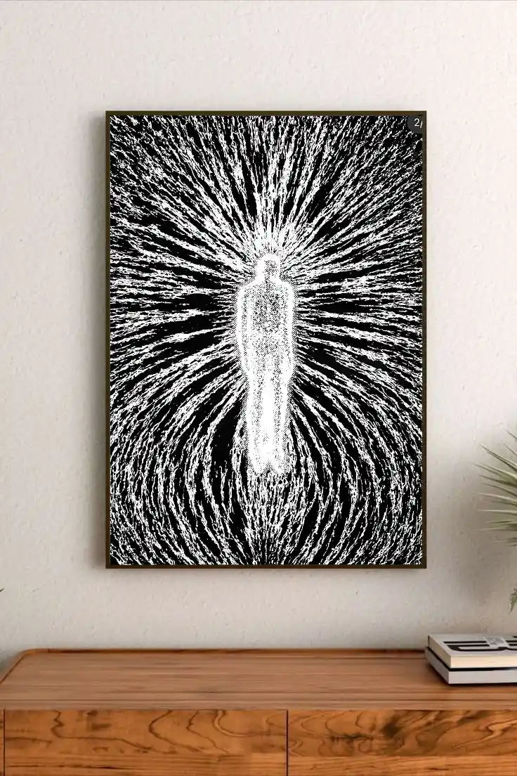 Detailed portrait design combining deep blues and blacks into organic forms, scientific schematics, and stylized lettering