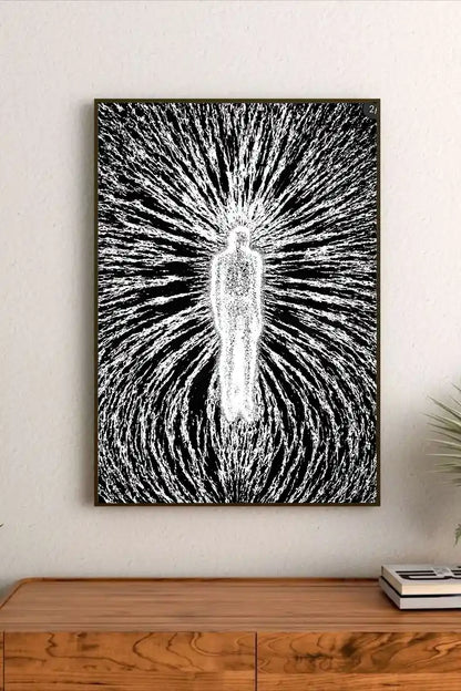 Detailed portrait design combining deep blues and blacks into organic forms, scientific schematics, and stylized lettering