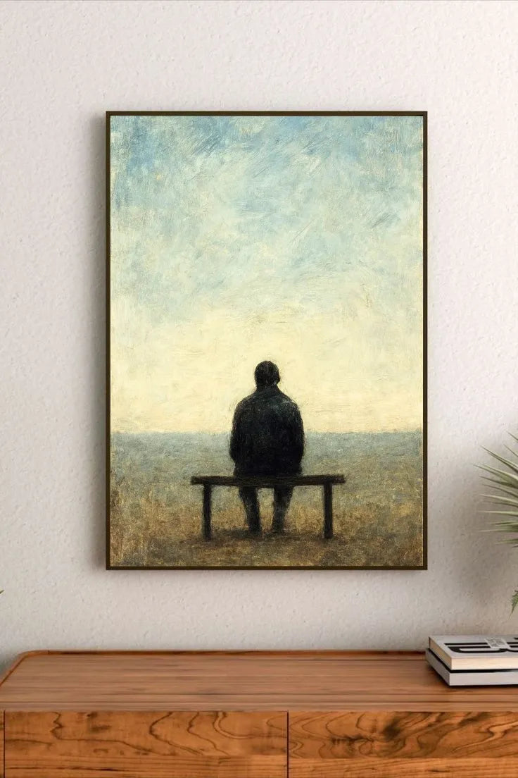 Atmospheric abstract artwork showing a gradient of muted teal and dusty violet tones across an expansive, stylized natural horizon view