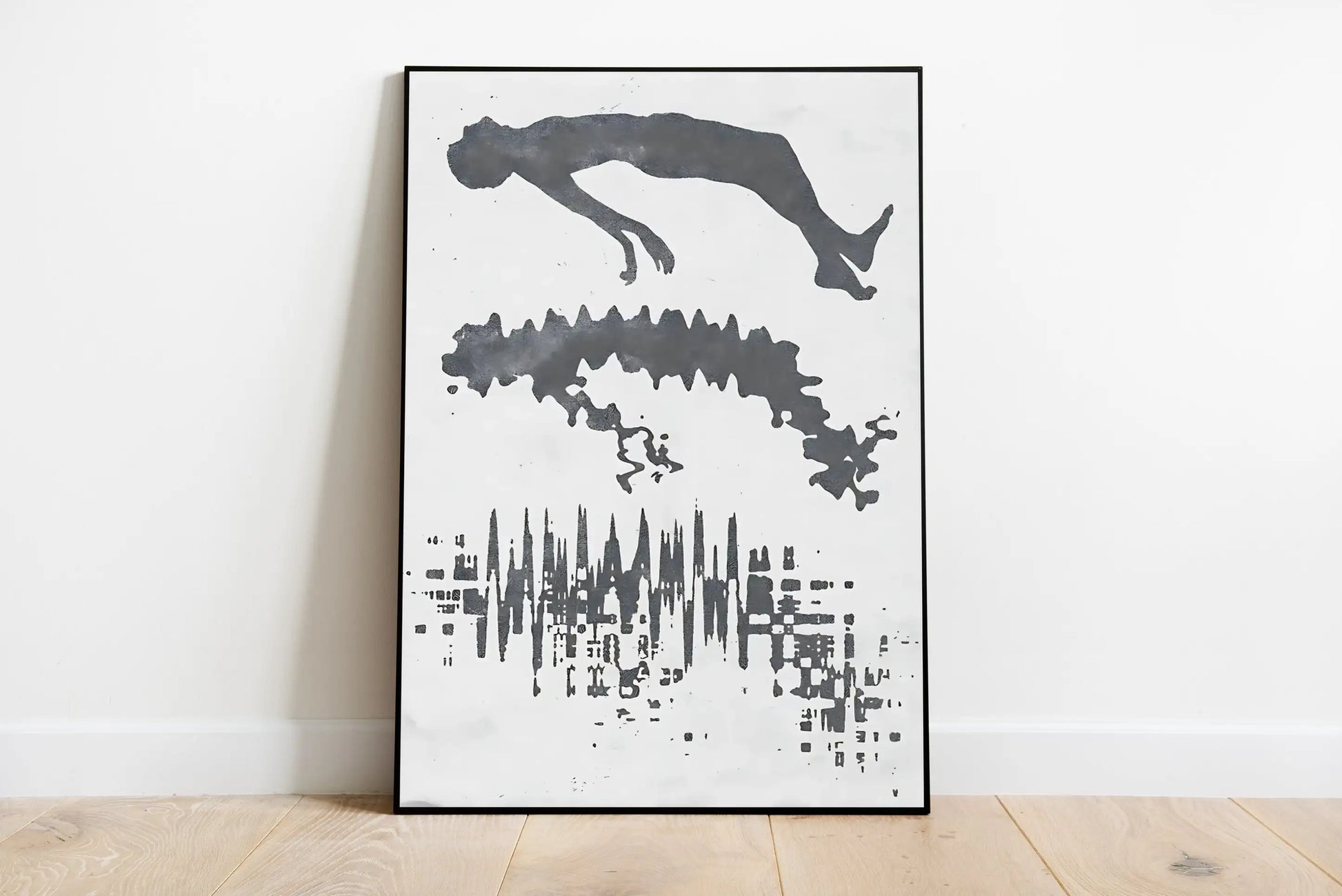 High contrast graphic art showing 'Residual Self' in bold white typography over scattered dark abstract geometric elements on a black background