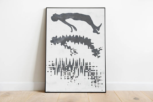 High contrast graphic art showing 'Residual Self' in bold white typography over scattered dark abstract geometric elements on a black background