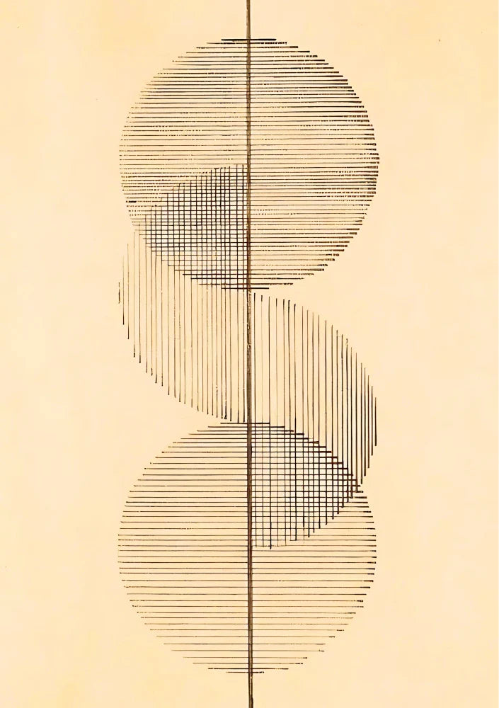 Graphic wall art composition focusing on symbolic motifs and structured typography in an intricate, balanced layout of grayscale and charcoal ink