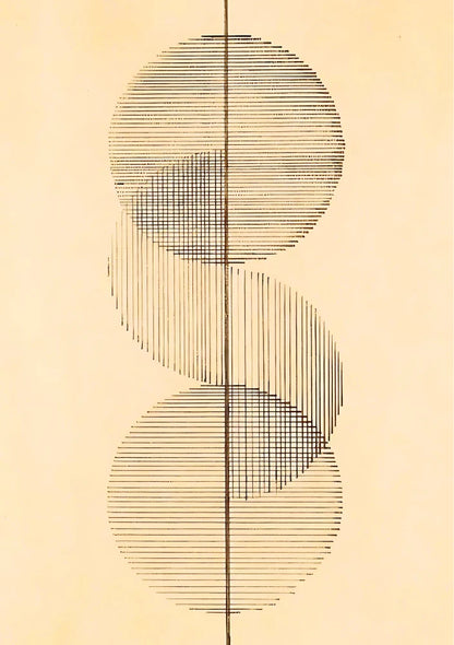 Graphic wall art composition focusing on symbolic motifs and structured typography in an intricate, balanced layout of grayscale and charcoal ink
