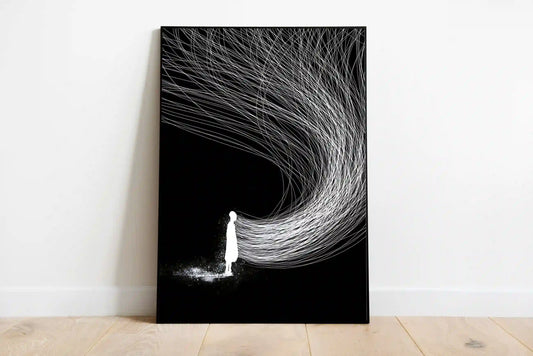 Dark sci-fi portrait poster featuring a central element enclosed by dynamic, radial cyan energy lines that pulse against a deep black background