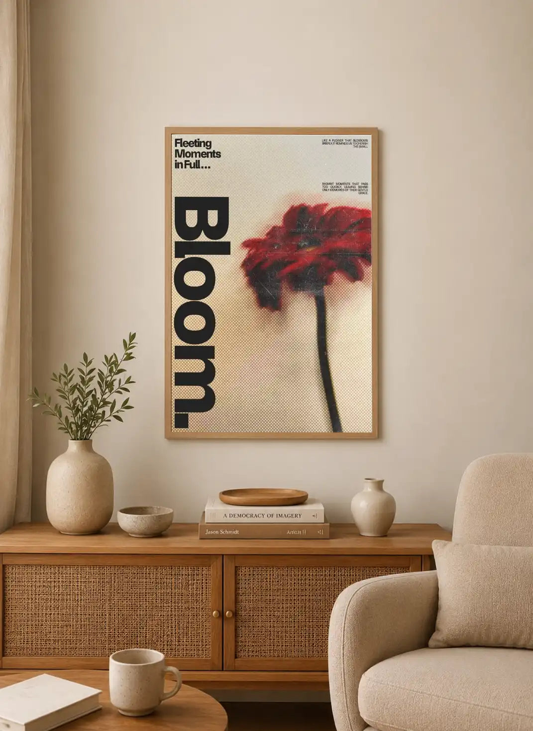 Portrait wall art featuring black background with delicate white cursive typography "Bloom, Then Break" surrounding a stylized botanical arrangement