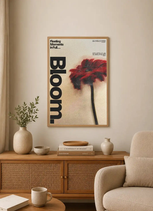 Portrait wall art featuring black background with delicate white cursive typography "Bloom, Then Break" surrounding a stylized botanical arrangement