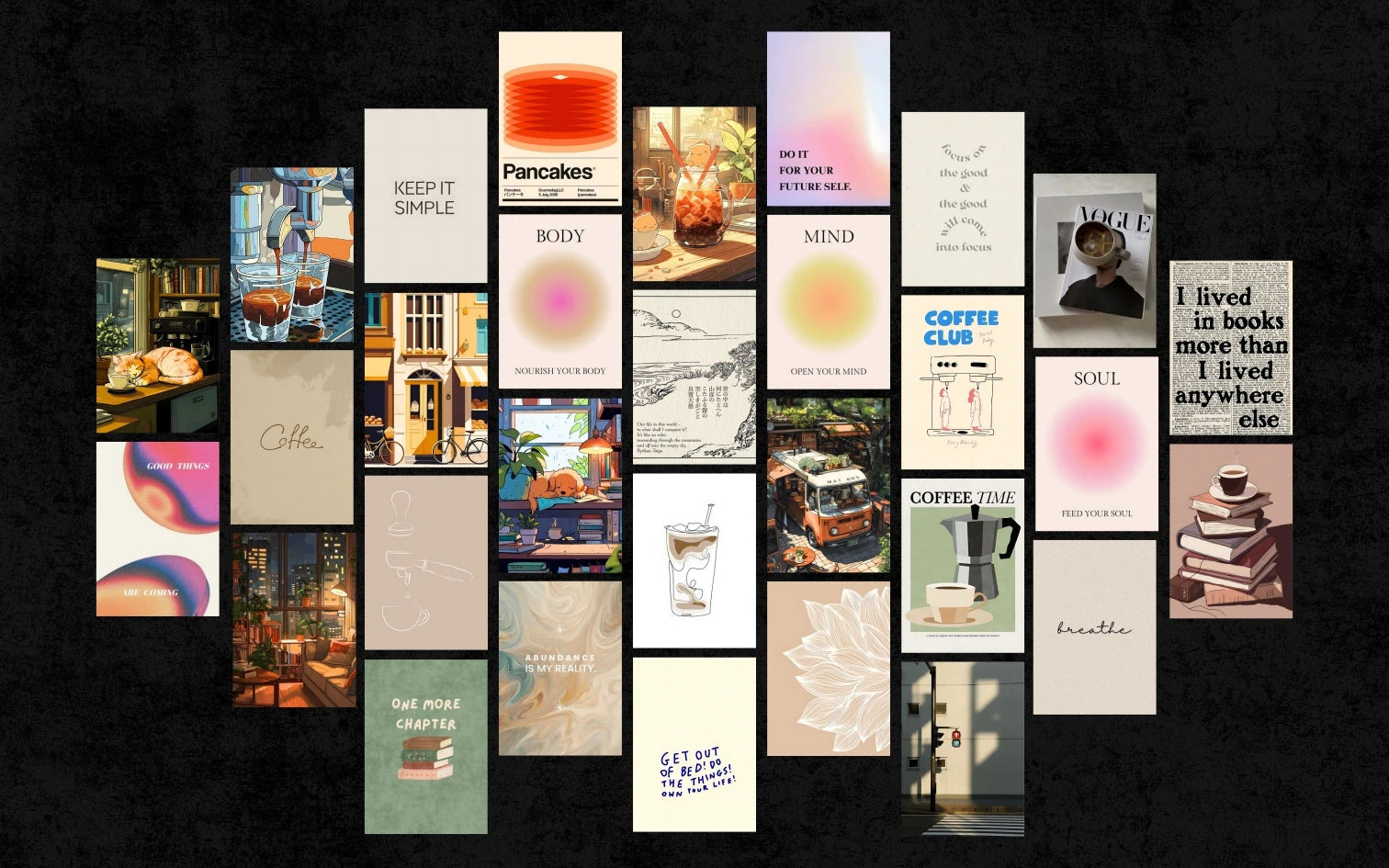 Collection of various posters with different designs and text on a black background