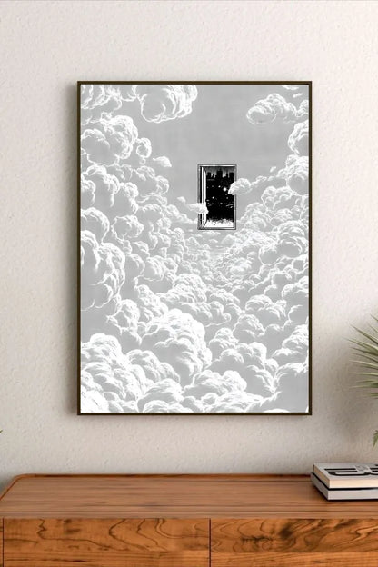 Portrait art piece with dense black typographic script on a light beige background, giving a vintage, literary feel