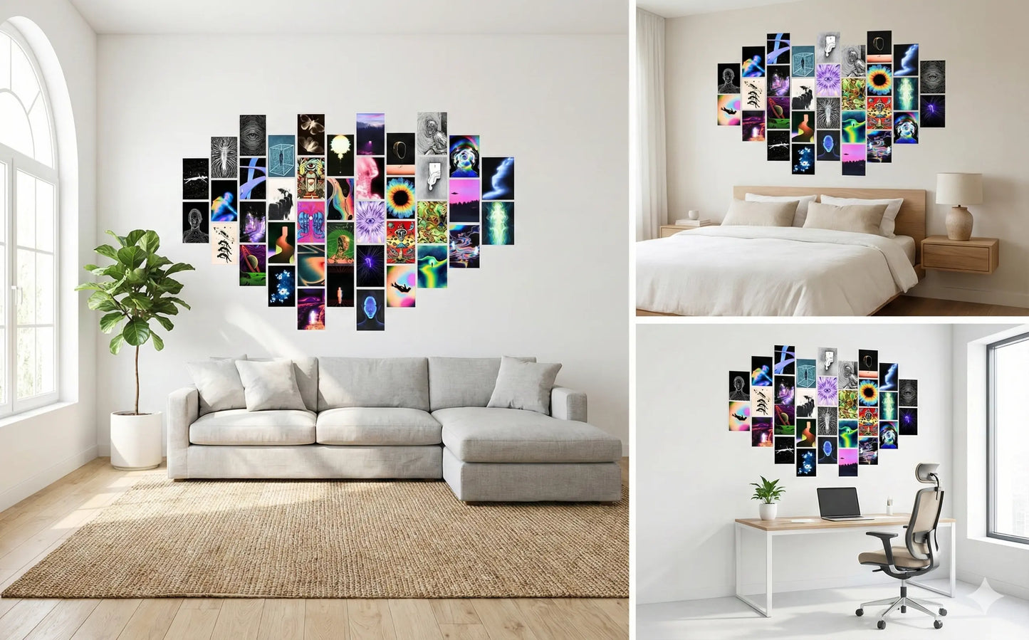 A collection of coordinating art prints featuring mixed media subjects, including geometric patterns in muted tones and stylized natural elements
