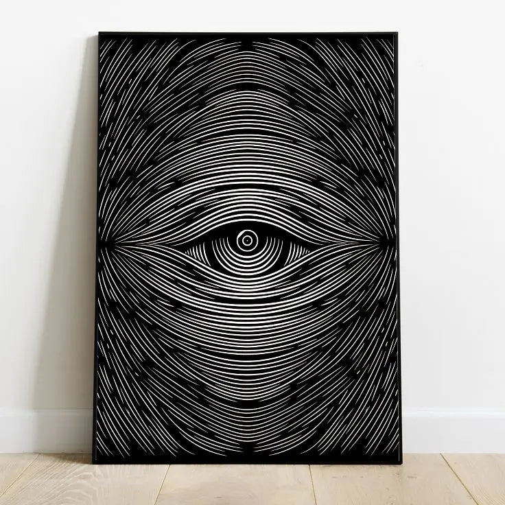 Vibrant portrait poster featuring an abstract neon depiction of human form and geometric patterns in electric cyan, deep purple, and black