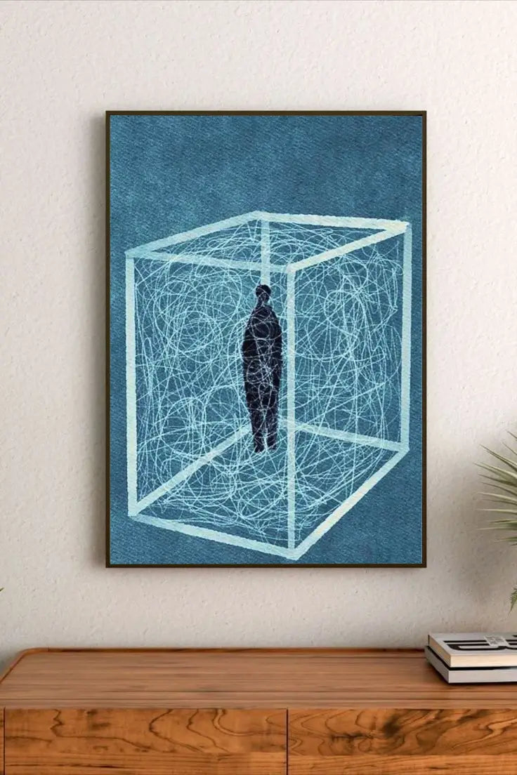 Structured typographic artwork using limited text elements arranged in an organized grid pattern with neutral gray and black colors