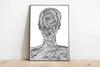Portrait graphic poster with abstracted geometric forms and stacked typography featuring complex layers of dark grays, black, and white accents