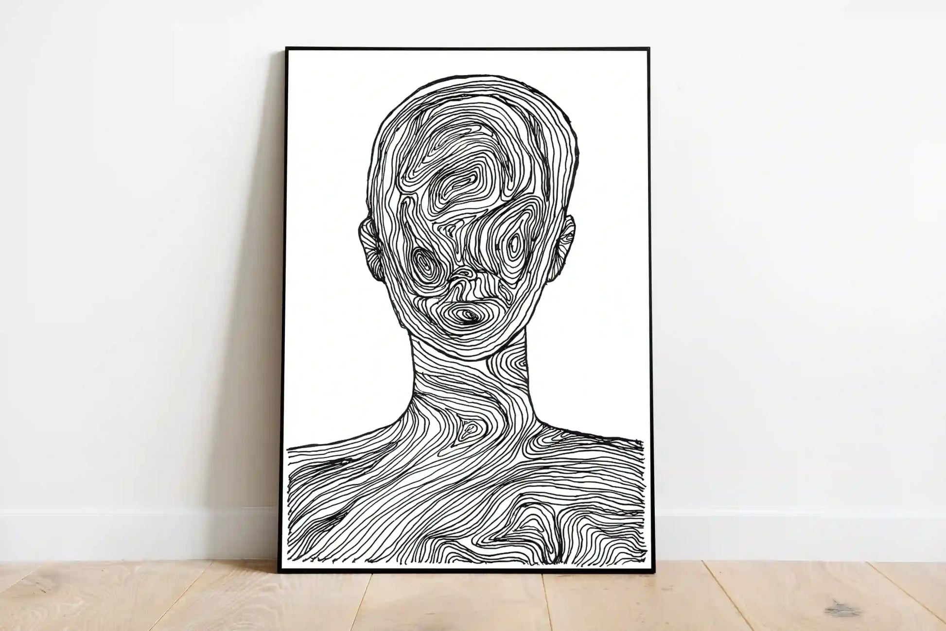 Portrait graphic poster with abstracted geometric forms and stacked typography featuring complex layers of dark grays, black, and white accents