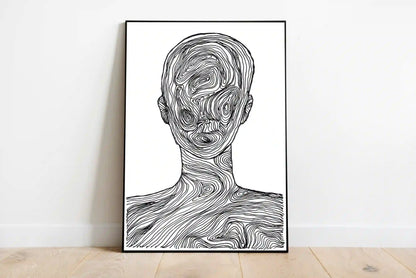 Portrait graphic poster with abstracted geometric forms and stacked typography featuring complex layers of dark grays, black, and white accents