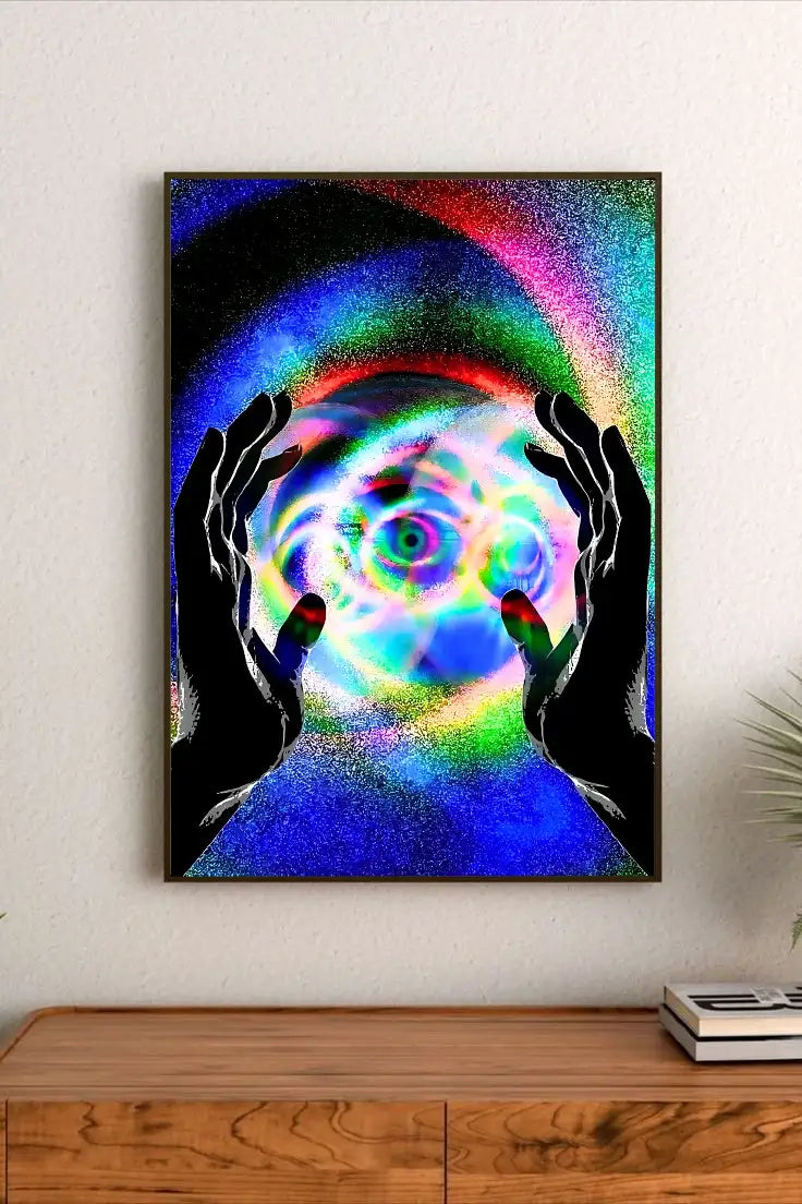 Abstract portrait art depicting a dimensional portal with intricate glowing geometric patterns and radial structures in deep blues, cyans, and purples