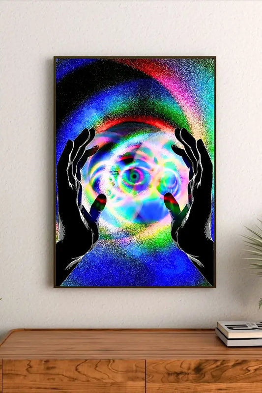 Abstract portrait art depicting a dimensional portal with intricate glowing geometric patterns and radial structures in deep blues, cyans, and purples