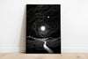High-contrast abstract poster dominated by geometric black void shapes interacting with expansive white negative spaces in a portrait composition